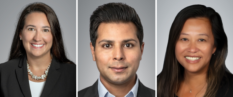 Professional headshots of Sentara executives. From left to right, Meredith Strand, Zishan Siddiqui, Thuy Tran-Korns. 