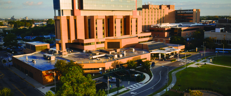 Aerial view of Sentara Norfolk General Hospital campus with hospital buildings, roadways, and surrounding green space in Norfolk, Virginia.