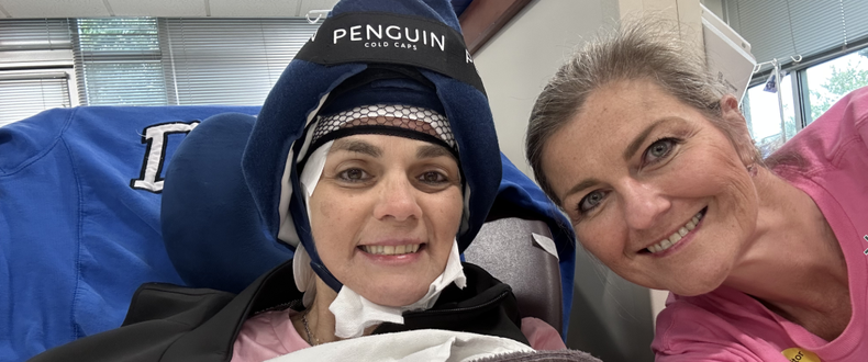 Fran Peed (left) undergoes chemotherapy treatment for breast cancer. Her best friend, Cheryl Anne Jolly, has been a faithful companion on her journey.