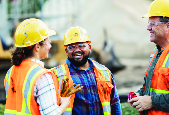 happy construction workers talking