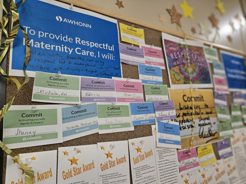A bulletin board in Sentara CarePlex Hospital’s family maternity center celebrates the respectful maternity care designation