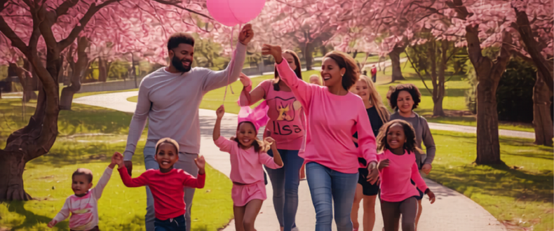 Group of individuals of all ages walking, wearing pink clothes and a pink balloon