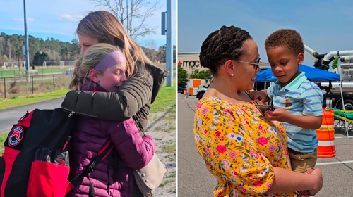 Joanne Inman hugs her daughter at soccer practice and Dana Weston Graves holds her son at a weekend event