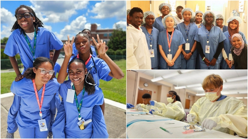 A collage of three photos from Sentara's 2026 summer healthcare career camp: middle school students in blue scrubs pose outdoors at Sentara Obici Hospital in Suffolk, Virginia; students in surgical gowns and caps pose with a Sentara team member at Sentara Northern Virginia Medical Center; and a Sentara team member guides a student through a hands-on activity at Sentara Obici Hospital.