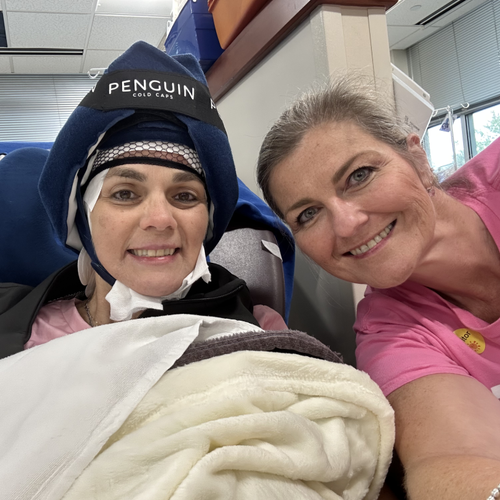 Fran Peed (left) undergoes chemotherapy treatment for breast cancer. Her best friend, Cheryl Anne Jolly, has been a faithful companion on her journey.