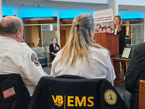 Joanne Inman recognizes first responders and care teams at Sentara Princess Anne Hospital for their quick actions which saved the life of a 35-year-old firefighter who suffered a stroke