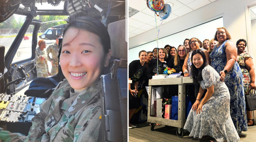 Left side of the photo shows Yuri Jung in her U.S. Army uniform sitting in the cockpit of a helicopter, the picture to the right shows Yuri with a group of colleagues at Sentara celebration.