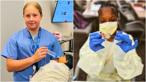 A collage of two photos from Sentara's 2026 summer healthcare career camp: a middle school student in blue scrubs holds a breathing device next to a medical mannequin at Sentara Norfolk General Hospital; and a middle school student wearing a gown, gloves, and mask holds up a dissected sheep eye with surgical tools at Sentara Obici Hospital in Suffolk, Virginia.