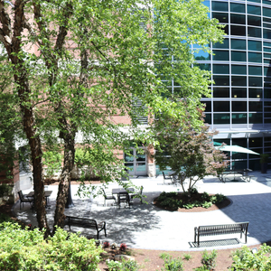 Landscaped courtyard with trees, benches, and outdoor seating outside a modern brick and glass hospital building, featuring a patio with tables, umbrellas, and walking paths.