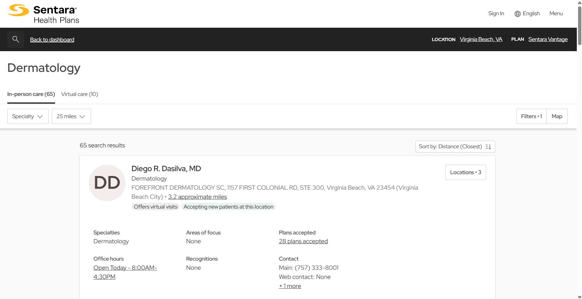 screenshot of dermatology search results in find a doc search tool